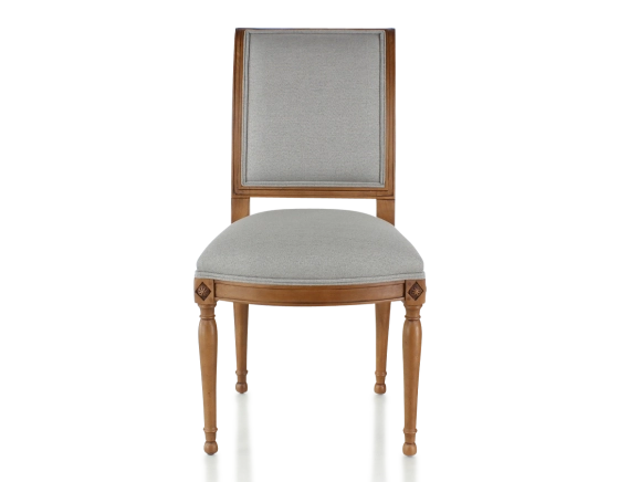 Antique Directoire style chair wood stained in an antique style and light grey fabric