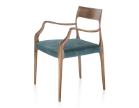 Chaise scandinave avec accoudoirs bois teinte noyer assise tissu velours bleu pétrole Chaise scandinave avec accoudoirs bois teinte noyer assise tissu velours bleu pétrole