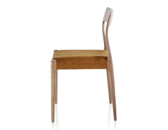 Scandinavian chair wood stained walnut seat bronze velvet fabric