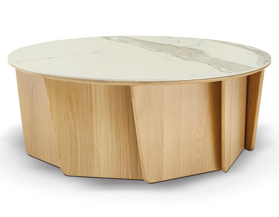 Table basse ronde en chêne et céramique avec bois teinte naturelle plateau céramique effet marbre blanc 120 cm