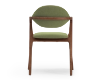 Designer armchair dark brown stained wood and green fabric. Designer armchair dark brown stained wood and green fabric.