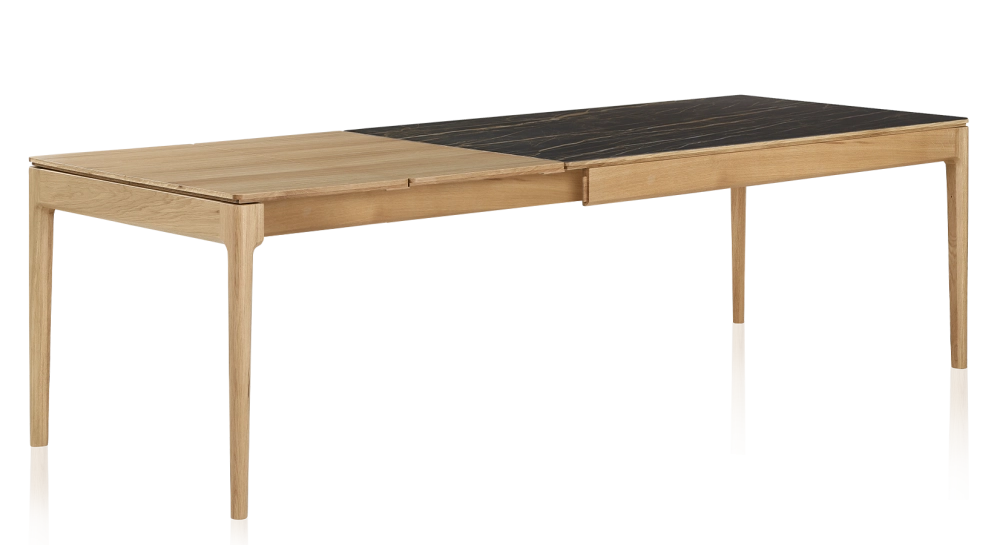 Table extensible 6 à 10 personnes en chêne et céramique allonges bois avec bois teinte naturelle et plateau céramique effet marbre noir 140x90 cm Table extensible 6 à 10 personnes en chêne et céramique allonges bois avec bois teinte naturelle et plateau céramique effet marbre noir 140x90 cm