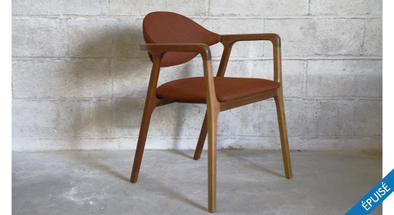 Walnut Designer armchair natural wood finish and brown fabric