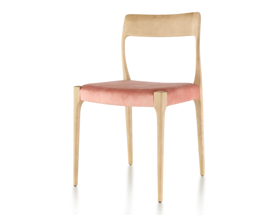 Scandinavian chair wood stained natural seat pale pink velvet fabric
