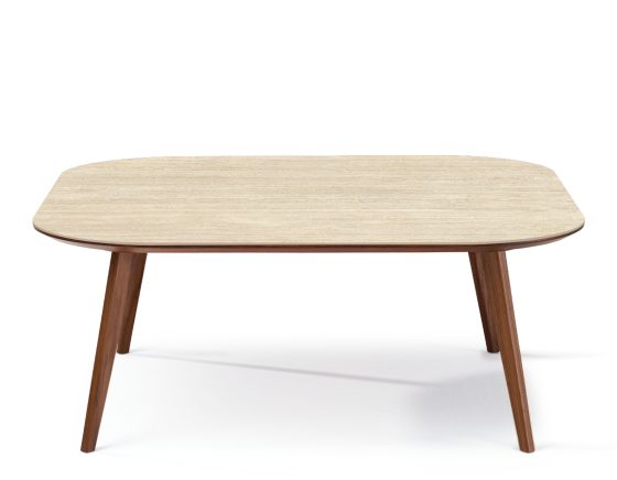 Table basse carré aux angles arrondis F2 en noyer et céramique bois teinte naturelle plateau céramique effet pierre travertin 110x110x30 cm