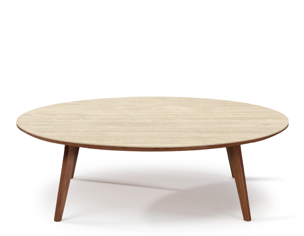 Round walnut and ceramic F1 coffee table natural wood finish with ceramic top in travertine stone effect. 100x100x40 cm