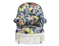 Toad armchair with armrests walnut-stained wooden legs and jungle fabric with high-back fringes Toad armchair with armrests walnut-stained wooden legs and jungle fabric with high-back fringes
