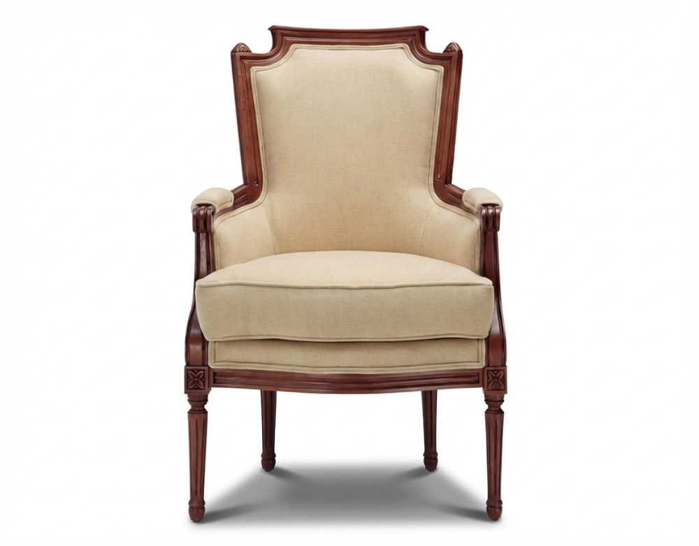 Fauteuil bergère style Louis XVI bois teinte ancienne et tissu crème
