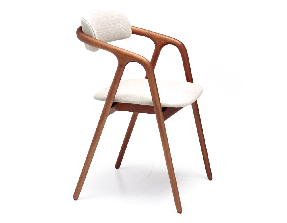 Scandinavian chair cherry wood stain with natural beige fabric seat. Scandinavian chair cherry wood stain with natural beige fabric seat.
