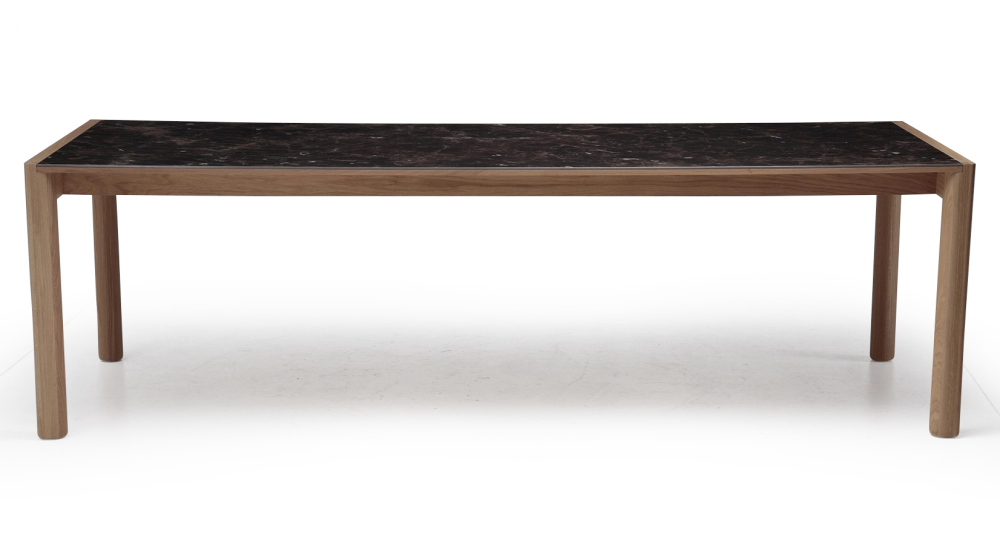 Extending table for 8 to 12 people in oak and ceramic with ceramic extensions natural wood finish and brown marble-effect ceramic 180x100 cm Extending table for 8 to 12 people in oak and ceramic with ceramic extensions natural wood finish and brown marble-effect ceramic 180x100 cm