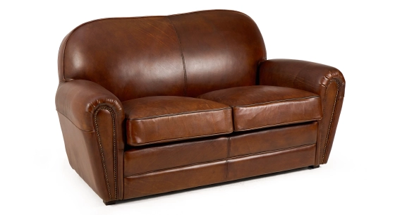 Canapé club cuir 2 place marron vintage accoudoirs cloutés