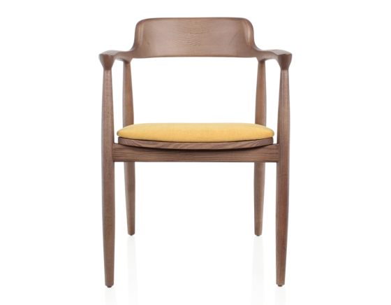Scandinavian chair walnut-stained wood and yellow fabric