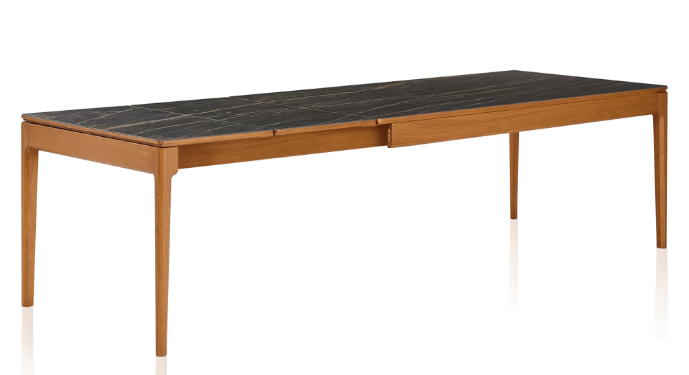 Table extensible 8 à 14 personnes en chêne et céramique allonges céramique avec bois teinte merisier et plateau et allonges céramique effet marbre noir 210x100 cm