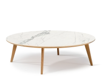 Table basse ronde F1 en chêne et céramique bois teinte naturelle plateau céramique effet marbre blanc 90x90x40 cm