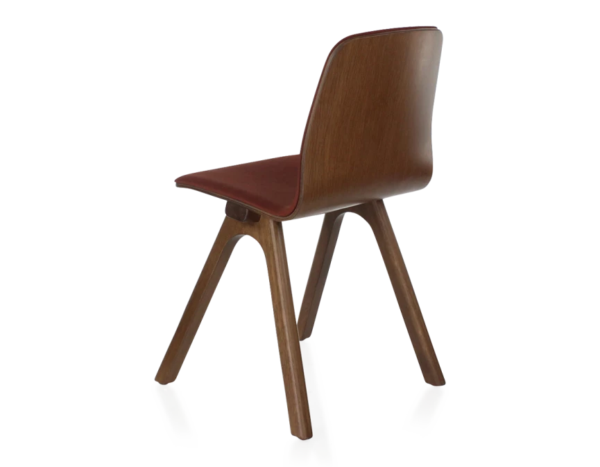 Chaise design en chêne tapissé bois teinte marron foncé assise tissu bordeaux