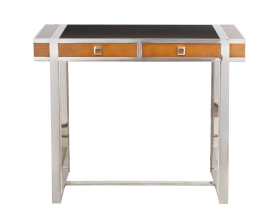 Bureau art déco inox avec plateau cuir noir et bois teinte merisier