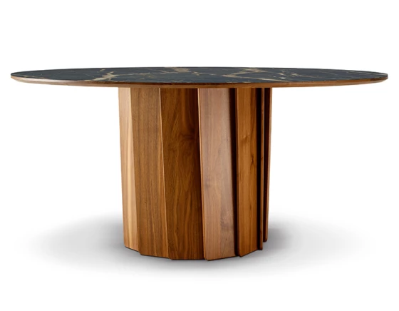 Table salle à manger ronde en noyer et céramique teinte naturelle plateau effet marbre noir 120 cm