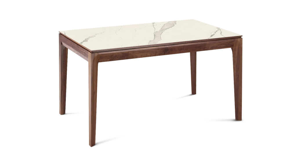 Table extensible en noyer et céramique 6 à 10 personnes allonges céramique avec bois teinte naturelle et plateau et allonges céramique effet marbre blanc 140x90 cm