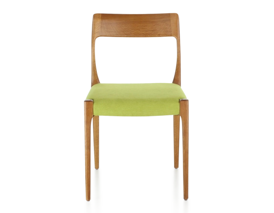 Scandinavian chair cherry-stained wood, apple green fabric seat