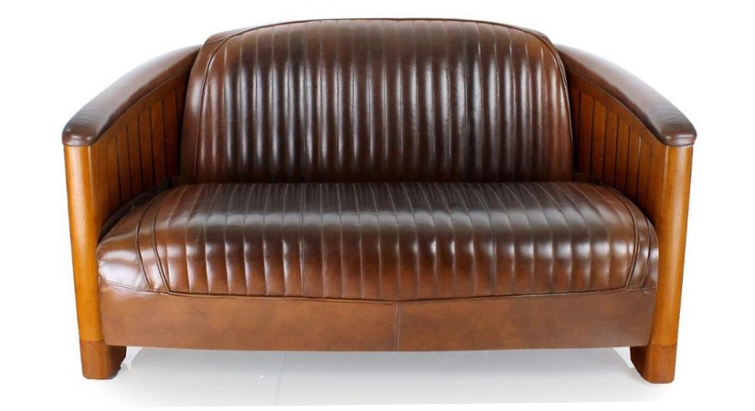Canapé club bois et cuir 2 places marron vintage Canapé club bois et cuir 2 places marron vintage