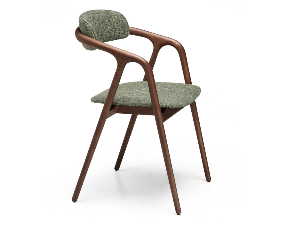 Scandinavian chair walnut wood with a beige mottled green fabric seat. Scandinavian chair walnut wood with a beige mottled green fabric seat.