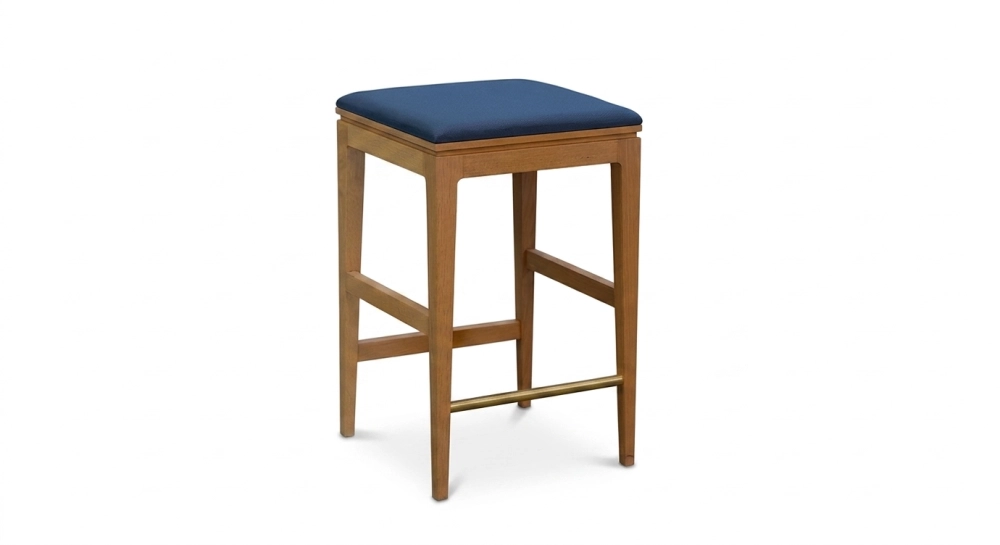 Design bar stool H65 cm natural wood finish with blue fabric seat
