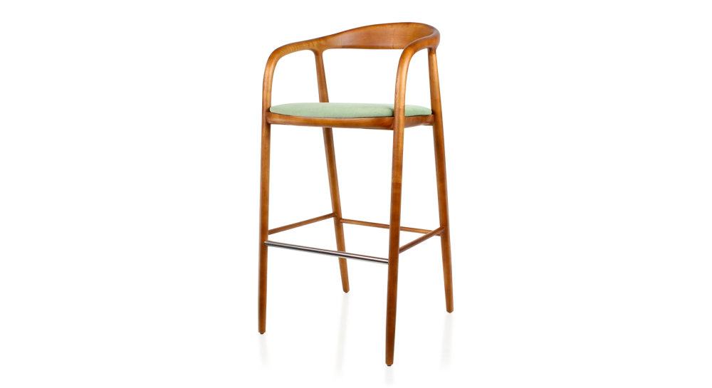 Tabouret de bar h80 cm teinte merisier assise tissu vert bois teinte merisier et tissu vert