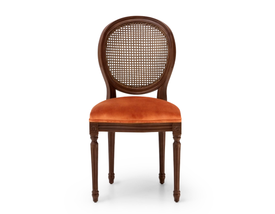 Chaise ancienne style Louis XVI bois teinte marron foncée dossier canné assise tissu velours terracotta