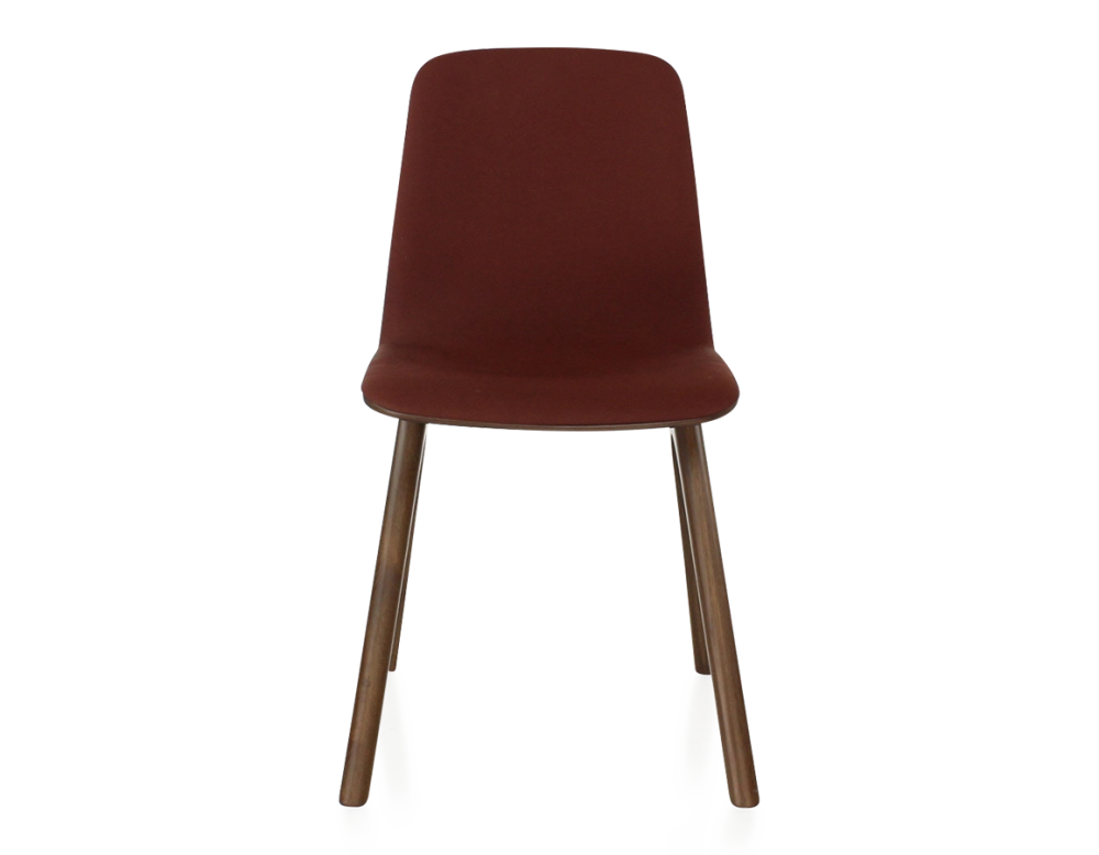 Chaise design en chêne tapissé bois teinte marron foncé assise tissu bordeaux Chaise design en chêne tapissé bois teinte marron foncé assise tissu bordeaux
