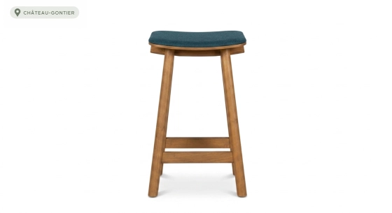 Tabouret de bar en chêne tapissé H60 cm bois teinte vintage assise tissu en laine bouillie bleu
