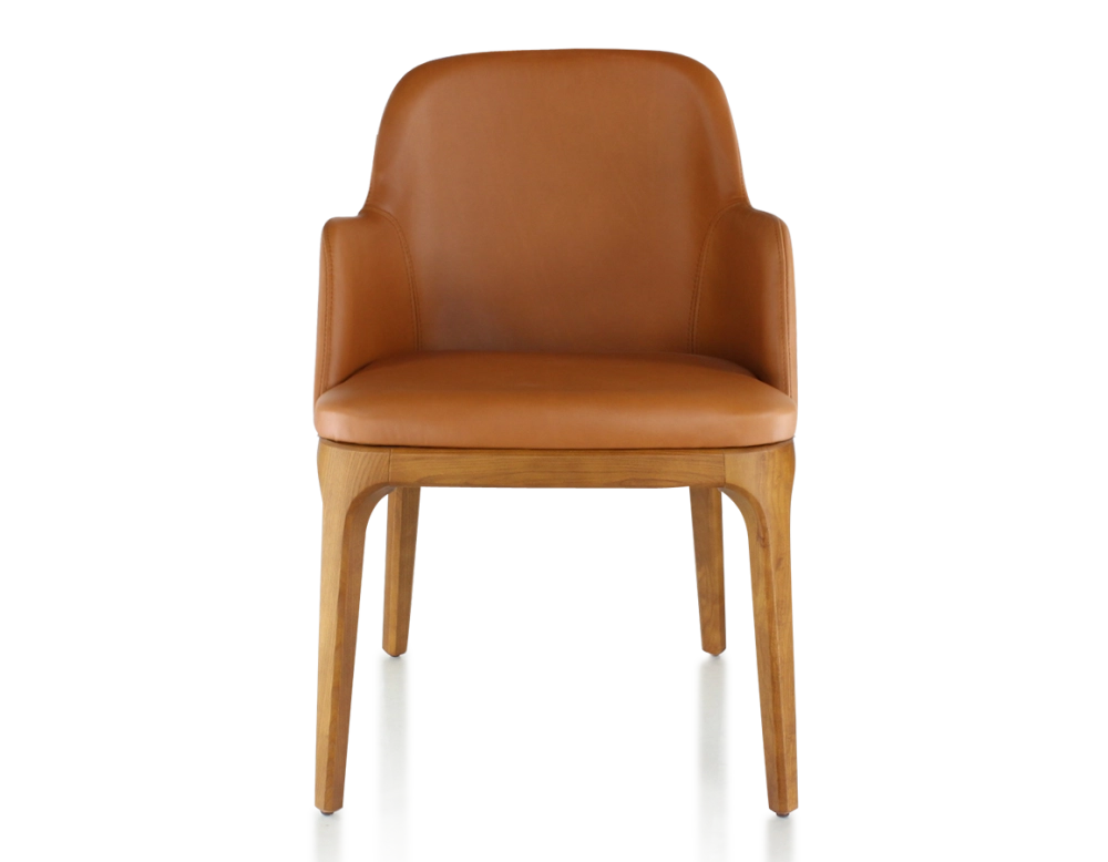 Chaise design avec accoudoirs bois teinte merisier et cuir caramel Chaise design avec accoudoirs bois teinte merisier et cuir caramel