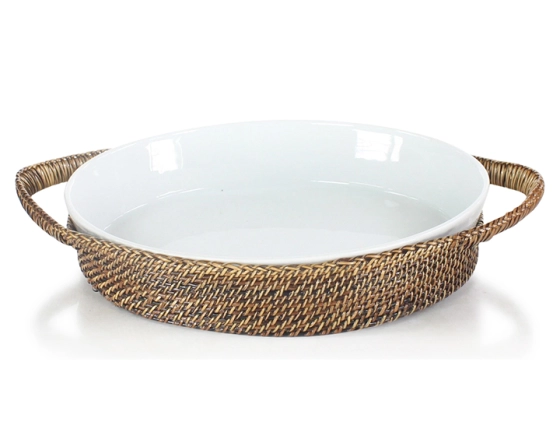 Oval porcelain dish with medium rattan flower stand