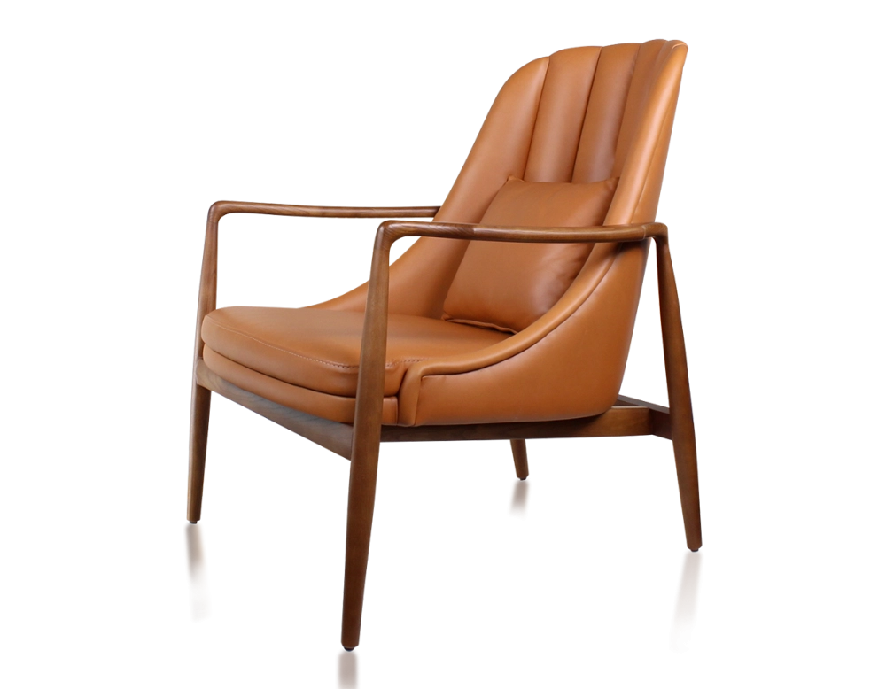 Fauteuil scandinave bois teinte merisier et cuir caramel Fauteuil scandinave bois teinte merisier et cuir caramel