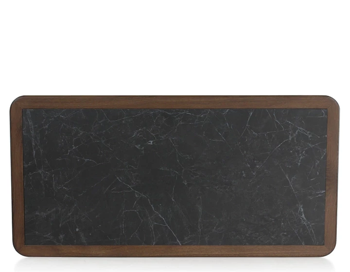 Table basse rectangulaire en chêne et céramique avec bois teinte marron foncé plateau céramique effet ardoise 100x50 cm