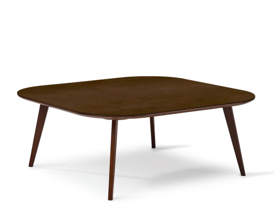 Table basse carré aux angles arrondis F2 plateau céramique bois teinte marron foncé plateau céramique effet rouille 90x90x30 cm