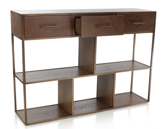 Console design frêne teinte marron foncé et métal patine laiton