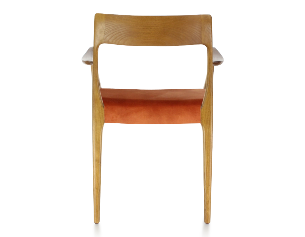 Scandinavian armchair with armrests cherry-stained wood, terracotta velvet seat Scandinavian armchair with armrests cherry-stained wood, terracotta velvet seat
