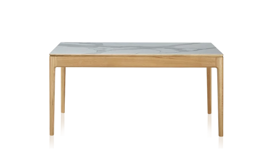 Table salle à manger 6 à 8 personnes en chêne et céramique avec bois teinte naturelle et plateau céramique effet marbre blanc 140x90 cm