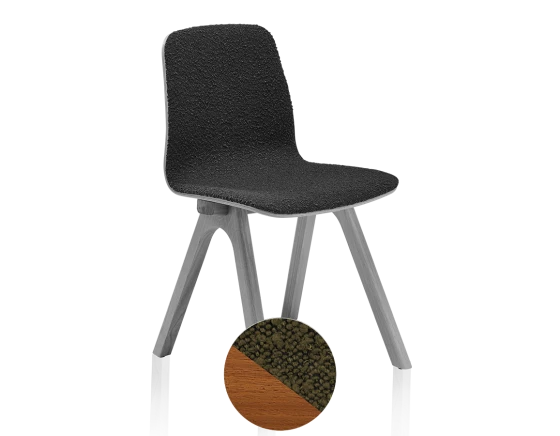 Chaise design teinte merisier assise tissu bouclé vert
