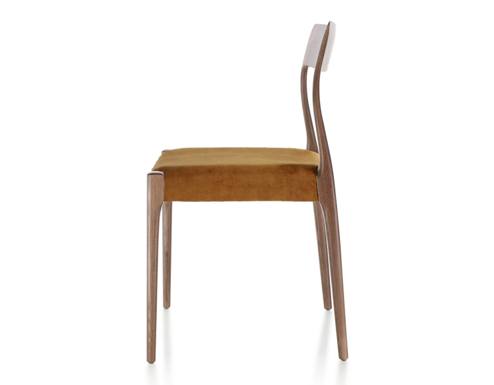 Chaise scandinave bois teinte marron foncé assise tissu velours bronze Chaise scandinave bois teinte marron foncé assise tissu velours bronze