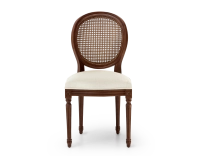 Louis XVI style antique chair dark brown stained wood with cane backrest and beige chevron fabric seat. Louis XVI style antique chair dark brown stained wood with cane backrest and beige chevron fabric seat.