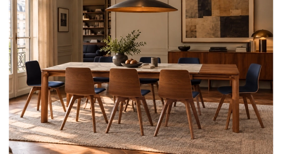 Table extensible 6 à 10/12 personnes en noyer et céramique allonges bois avec bois teinte naturelle et plateau céramique effet marbre blanc 180x100 cm