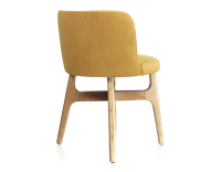 Chaise design bois teinte naturelle assise tissu jaune Chaise design bois teinte naturelle assise tissu jaune