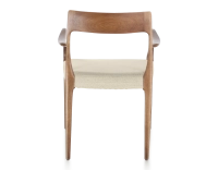 Scandinavian armchair with armrests walnut-stained wood, camel-coloured fabric seat Scandinavian armchair with armrests walnut-stained wood, camel-coloured fabric seat
