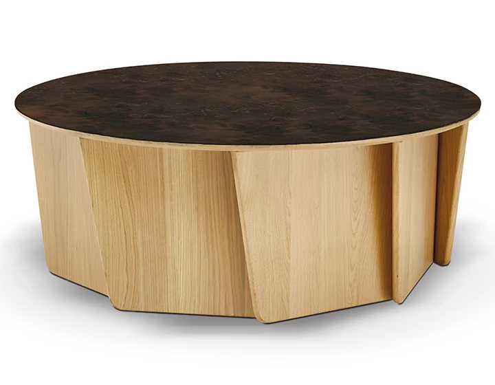 Table basse ronde en chêne et céramique avec bois teinte naturelle plateau céramique brun oxydé 80 cm