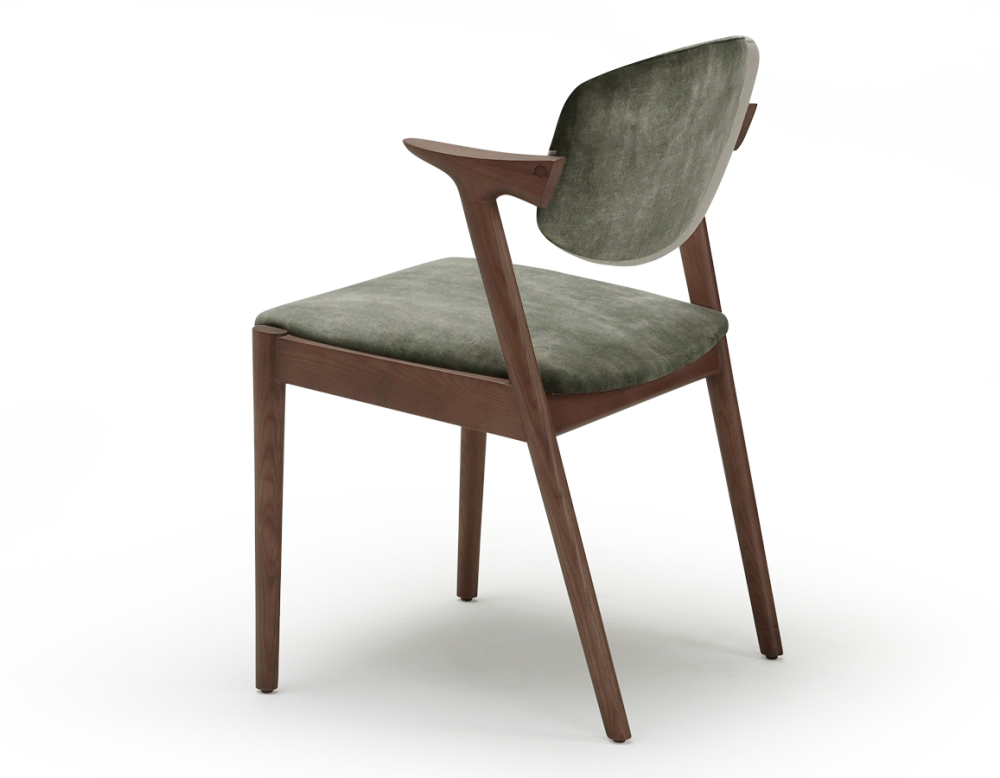 Chaise scandinave bois teinte noyer assise tissu velours vert forêt Chaise scandinave bois teinte noyer assise tissu velours vert forêt