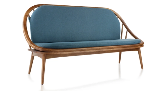 2 seater Scandinavian sofa walnut-stained wood and ocean blue fabric