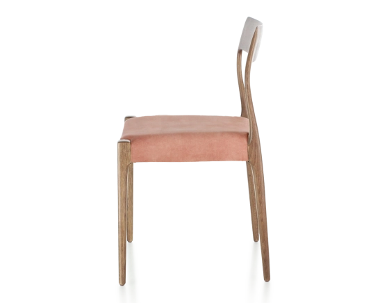 Scandinavian chair wood stained walnut seat pale pink velvet fabric
