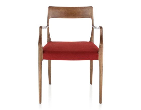 Scandinavian armchair with armrests wood stained walnut seat burgundi fabric