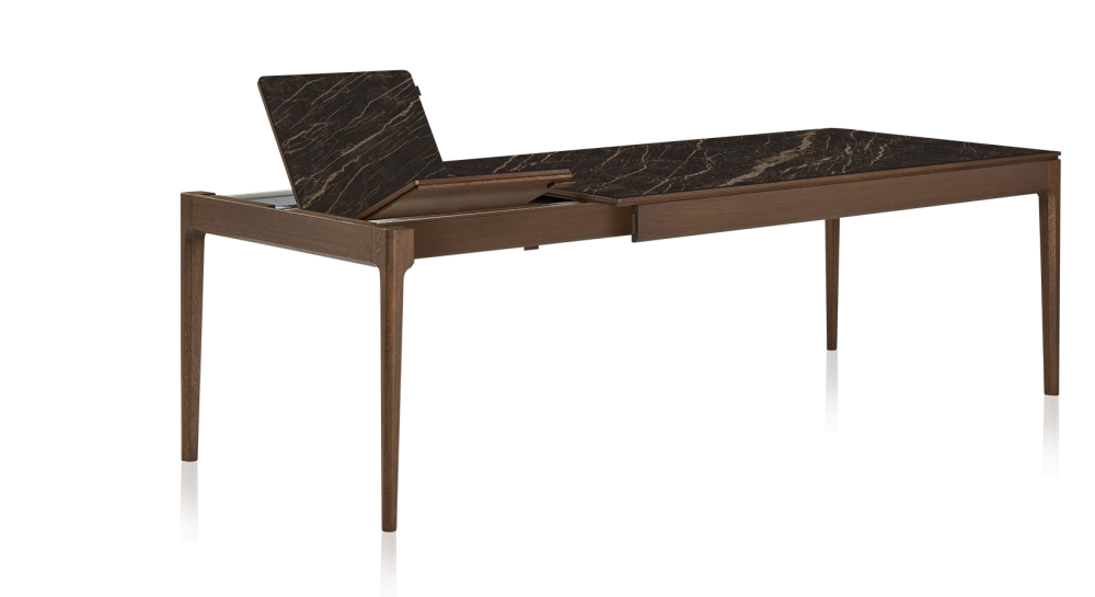 Table extensible 8 à 14 personnes en chêne et céramique allonges céramique avec bois teinte marron foncé et plateau et allonges céramique effet marbre noir 210x100 cm